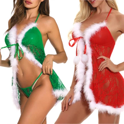Women's Christmas Sexy Lingerie Red Teddy Lace Chemise Santa Babydoll Nightwear - Image 1 of 4