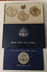 1983 PDS Uncirculated Olympic 90% Silver Dollars 3-Coin Set Box & Papers - Picture 1 of 8