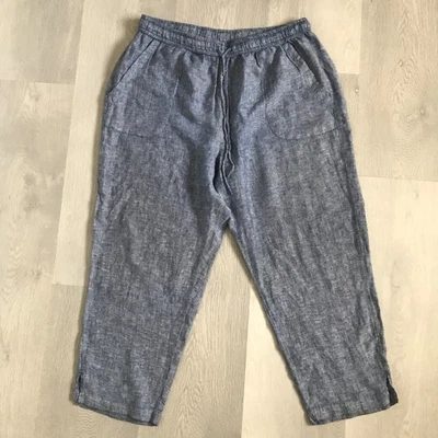 ANDREA JOVINE PANTALÓN MUJER Grande Lino Azul Cambray Cintura Elástica Cinturón con Cordón Foto 1 de 4