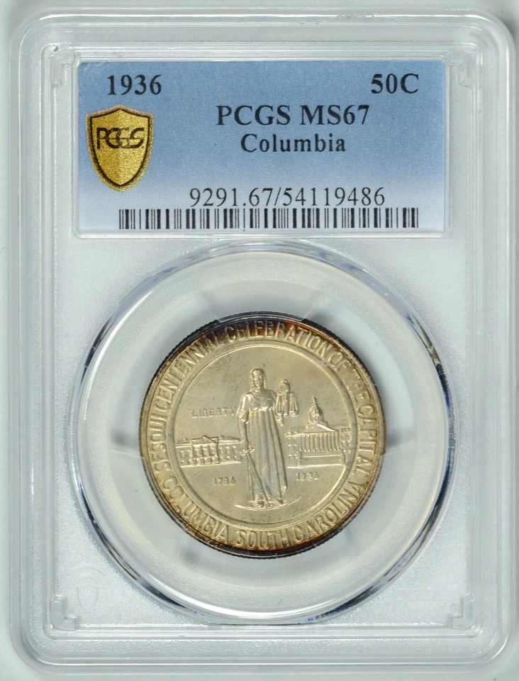 1936  Columbia  50c PCGS MS67  ~  Commemorative Half  ~  #54119486 - Image 1 of 4