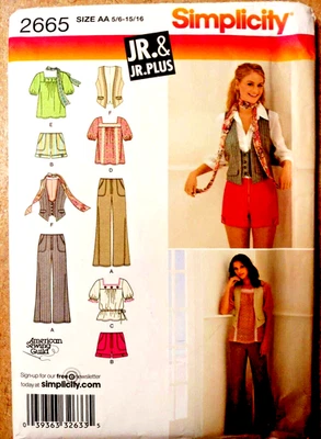 Peasant Top Pants Shorts Vest Junior & Plus Size 5/6 - 15/16 Simplicity 2665 - Image 1 of 4