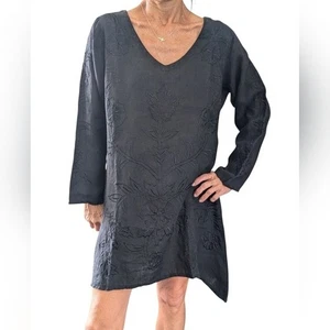 Vintage 90s Heart’s Desire Linen Black Embroidered Boho Cottagecore Dress S - Picture 1 of 10