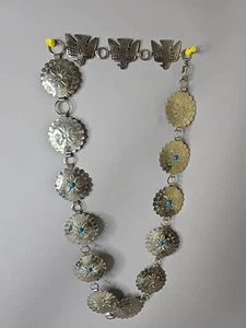 Southwest Silver Metal And Blue Turquoise Concho Chain Belt Boho Western 39” - Picture 1 of 12