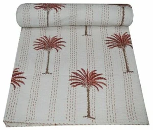 Indian Palm Tree Print White Kantha Quilt Bedspread Throw Cotton Blanket Gudari - Picture 1 of 5