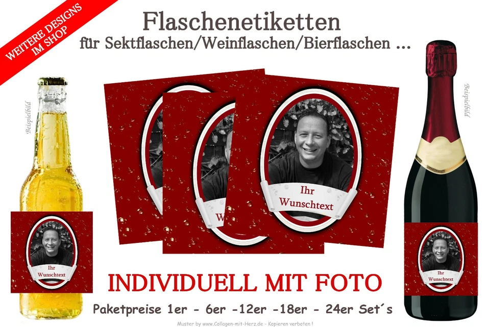 COLLAGEN MIT HERZ Flaschenetikett f. Sektflaschen / Bierflaschen für Geburtstag mit Foto - D36