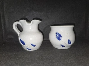 Creamer and Sugar Salt Glaze Cobalt Blue Flower Williamsburg Pottery - Picture 1 of 7