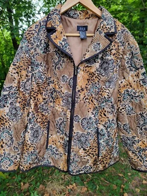 Chaqueta RQT Mujer Marrón Beige y Verde Azulado Floral Acolchada Cremallera 2 Bolsillos Talla 1X Foto 1 de 4