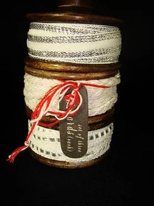 Made in India set of 3 Ribbons Total 15 yards on Wooden Spool Ivory Silver Xmas - Picture 1 of 2