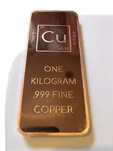 1 (One) Kilogram Kilo .999 Copper Bullion Bar By Unique Metals - Picture 1 of 6