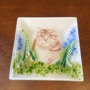Fused Glass BROWN  Cat With Flowers Trinket Dish Plate 6” Square - Picture 1 of 11
