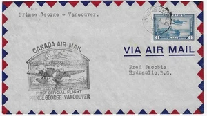 Canada 1938 first flight cachet cover Prince George BC to Vancouver - Picture 1 of 2
