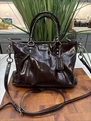 Coach Peyton Patent Leather Satchel Shoulder Bag Crossbody Chocolate  F20447 - Image 1 of 4