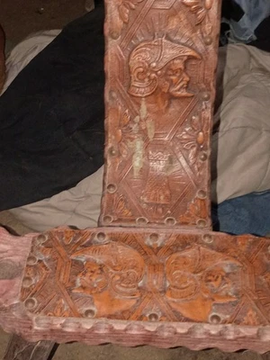 18th century Span birthing chair, stands  3' tall 2' wide wood w/ leather knight - Image 1 of 2