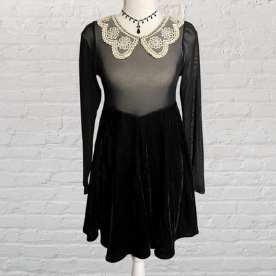 Vestido Unif Wednesday Adams S negro transparente terciopelo gótico blanco crochet encaje cuello Foto 1 de 4