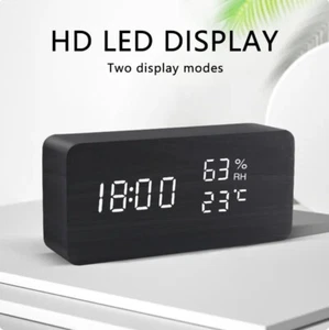 Eco-Friendly Wooden LED Alarm Clock with Voice Control - USB/AAA Battery Powered - Picture 1 of 17
