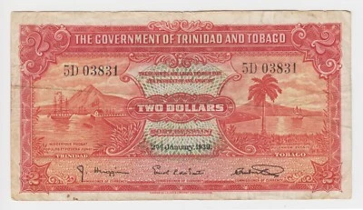 Trinidad & Tobago TT 2 Dollars 1939 P6b VF Palm Tree Unicorn Boat Port of Spain - Image 1 of 4
