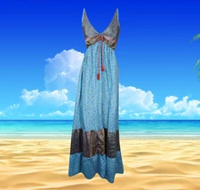 Womens Boho Maxi Dress, Blue Strapdress, Recycle Silk Handmade Dresses,Hippy S/M