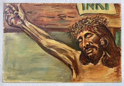 Conmoul pintura vintage al óleo sobre tabla crucifixión de Jesucristo sin marco Foto 1 de 4