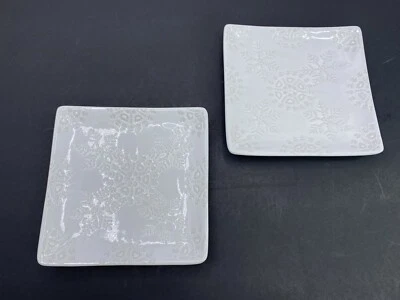2 Crate & Barrel White Porcelain Square Plate with Snowflake Design - Image 1 of 4