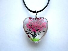 TREE OF LIFE BUTTERFLY DRIED FLOWER GLASS HEART NECKLACE PENDANT. DARK PINK 25MM