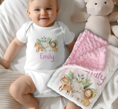 Personalised baby set of 2 vest blanket outfit, safari animal sleepsuit, - Image 1 of 2