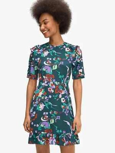 Kate Spade womens fleur nouveau smocked dress ruffle sleeves hem green size 4 - Picture 1 of 8