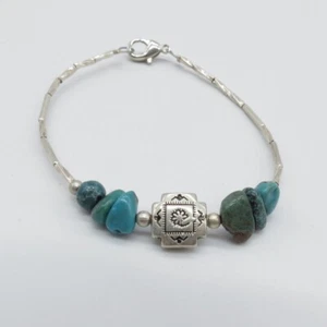 Turquoise Chip Beads Boho Bracelet Silver Tone Southwest Everyday Wear 6.75" - Picture 1 of 13