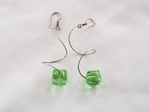 Sterling Silver Dangle Spiral Earrings Green Glass Bead Handmade Artisan Jewelry - Picture 1 of 8