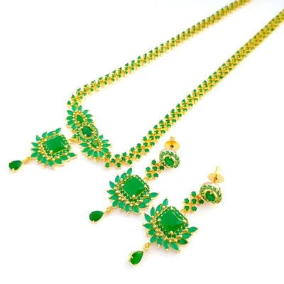 Шикарный изумруд ожерелье и серьги 22K золото покрытием свадебный ювелирный набор для женщин - Изображение 1 из 4