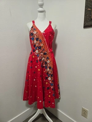 1970s DASH-ABOUT RED FLORAL PRINT COTTON FIT & FLARE SUNDRESS SZ 14 - Image 1 of 4