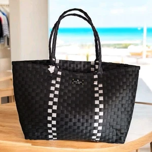 Kate Spade Black Basket Weave Woven Tote Beach Bag Shopping Travel Black & White - Picture 1 of 5