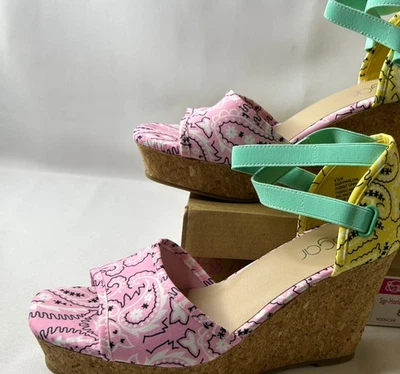 Sugar Women's Sgr-Harlow Pastel Multicolor Wedge Sandals Bandana Print Size 8 M - Image 1 of 4