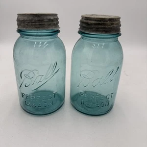 Vintage Ball Jet Blue Perfect Mason Jar Zinc Lids Canning Antique 1 qt Set 2 - Picture 1 of 9