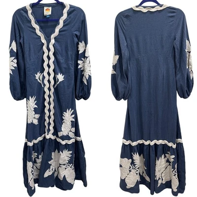 Farm Rio Anthropologie Blue White Embroidered Maxi Dress Linen Boho Resort Beach - Image 1 of 4