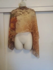 Womens Brown Green Red Floral Scarf Wrap Shawl Semi Sheer 64"x22" - Picture 1 of 6