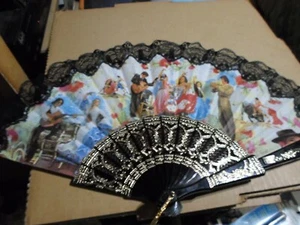 Spanish Souvenir Folding Hand Fan Black Lace, Toreador, Matador, One Sided - Picture 1 of 11