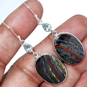 Iron Tiger Eye & Sky Blue Topaz 925 Sterling Silver Earrings Jewelry E-1002 - Picture 1 of 5
