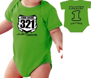 MOTOCROSS BABY NUMBER PLATE ONE PIECE SHIRT INFANT MX JUST RIDE KAWASAKI KX LIME