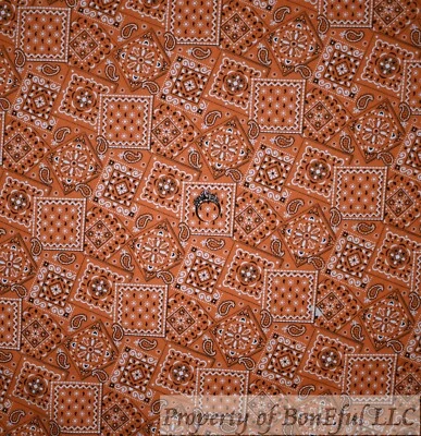BonEful FABRIC FQ Cotton Quilt Orange White Bandana Flower Paisley Block Square - Image 1 of 4