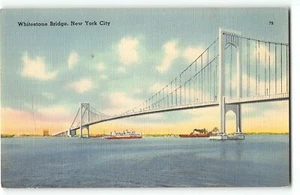 Schiffe unter Whitestone Bridge vorbei, New York City - 1940er Leinen Postkarte - Bild 1 von 2