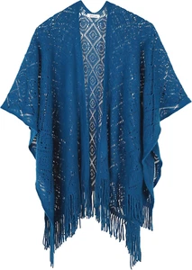 Knit Shawl Wrap for Women - Soul Young Ladies Fringe Knitted Poncho Cardigan Cap - Picture 1 of 12