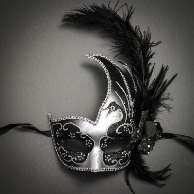 Silver Venetian Carnival Side Black Feather Masquerade Mask Mardi Gras Party - Image 1 of 4