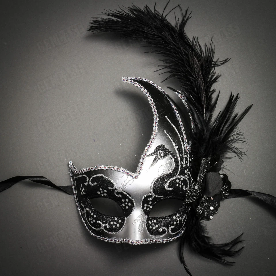 Silver Venetian Carnival Side Black Feather Masquerade Mask Mardi Gras Party - Image 1 of 4