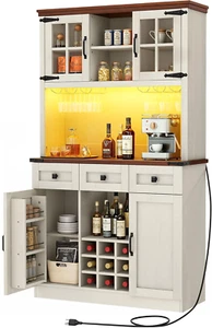 Coffee Bar Cabinet with Power Outlet/Lights, 72" Farmhouse Pantry Cabinet with S - Picture 1 of 7