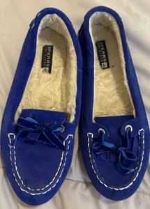 Sperry top slider women’s blue house slippers with faux fur SZ 10M - Picture 1 of 4