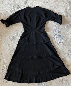 Vintage Pitch Black Wool Circle Dress 1940s Goth Risqué