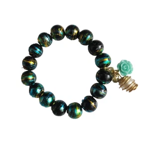 Green Black Gold Stretch Bracelet Beaded Gift Handmade Flower Pearl Charm - Bild 1 von 1