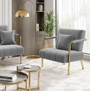 Grey Accent Chair 75.5cm Velvet Upholstered Bedroom Gold Metal Frame Cosy Pillow - Picture 1 of 6