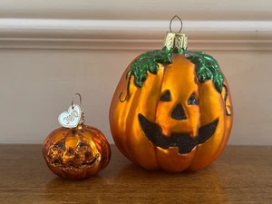 2 OLD WORLD CHRISTMAS / OWC PUMPKIN JACK O' LANTERN BLOWN GLASS ORNAMENTS - Picture 1 of 7