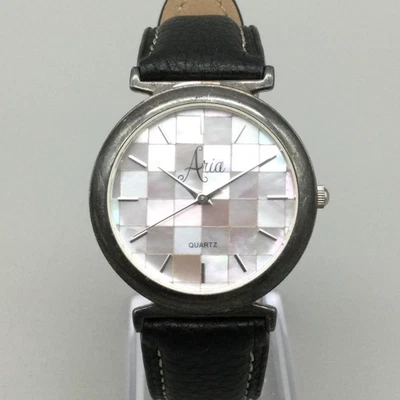 Reloj Aria para mujer 34 mm caja de plata esterlina esfera mop correa de cuero batería nueva Foto 1 de 4